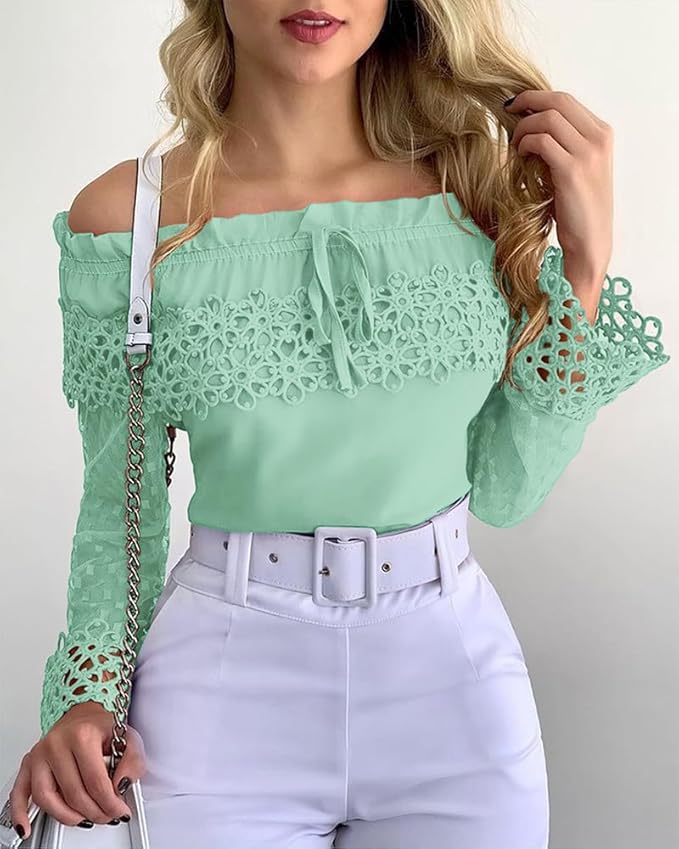 Womens Off Shoulder Lace Shirt Long Sleeve Mesh Top Guipure Lace Frill Hem Casual Streetwear Party Date Festival Shirt