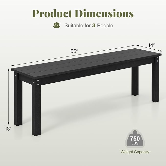 Tangkula HDPE Outdoor Bench, 2-3 Person Patio Bench, 55" Backless Garden Dining Bench with Slatted Seat, Weatherproof Park Bench for Entryway, Porch, Lawn & Backyard (Black,2)