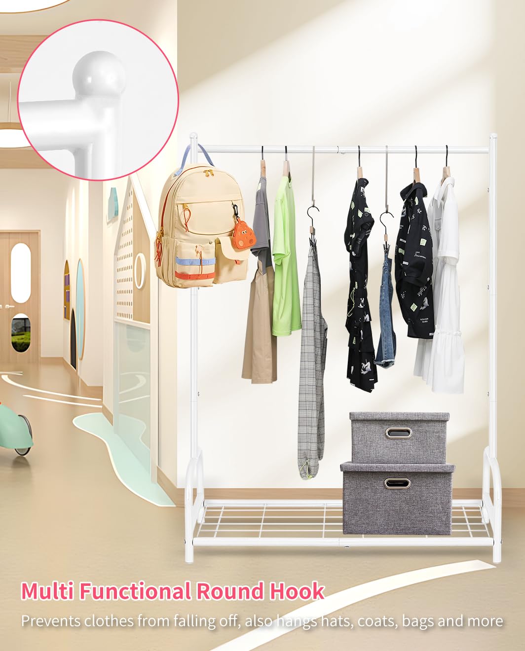 AUPSEN Kids Clothing Rack with Bottom Storage Shelf, Metal Toddler Dress Up Rack for Little Girls, Kids Dress Up Clothes Storage for Coats, Skirts, Dance Costume（White）