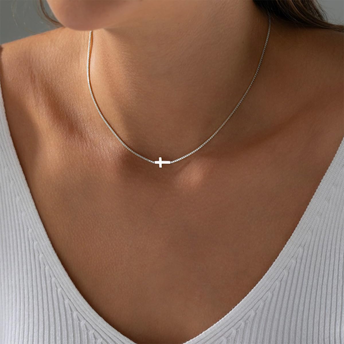 Bheop Cross Necklace for Women Trendy 925 Sterling Silver Plated Dainty Small Sideways Cross Pendant Choker Simple Cute Charm Sh