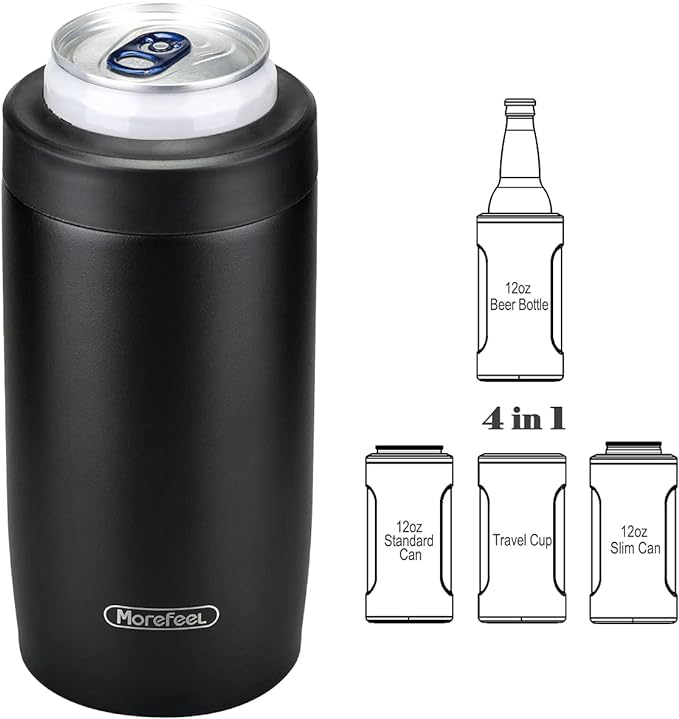 Morefeel 4-in-1 Skinny Can Cooler Double Wall Stainless Steel Insulated Can Holder, Works With 12 Oz Slim Can,Standard Can...