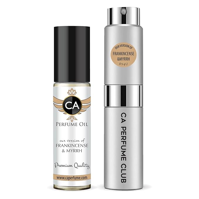 CA Perfume Duo Impression of Frankincense & Myrrh For Women And Men Perfume Layering Set Long Lasting Travel Size EDP + Body Oil Roll-On Bottle 0.27 Fl Oz+0.33 Fl Oz