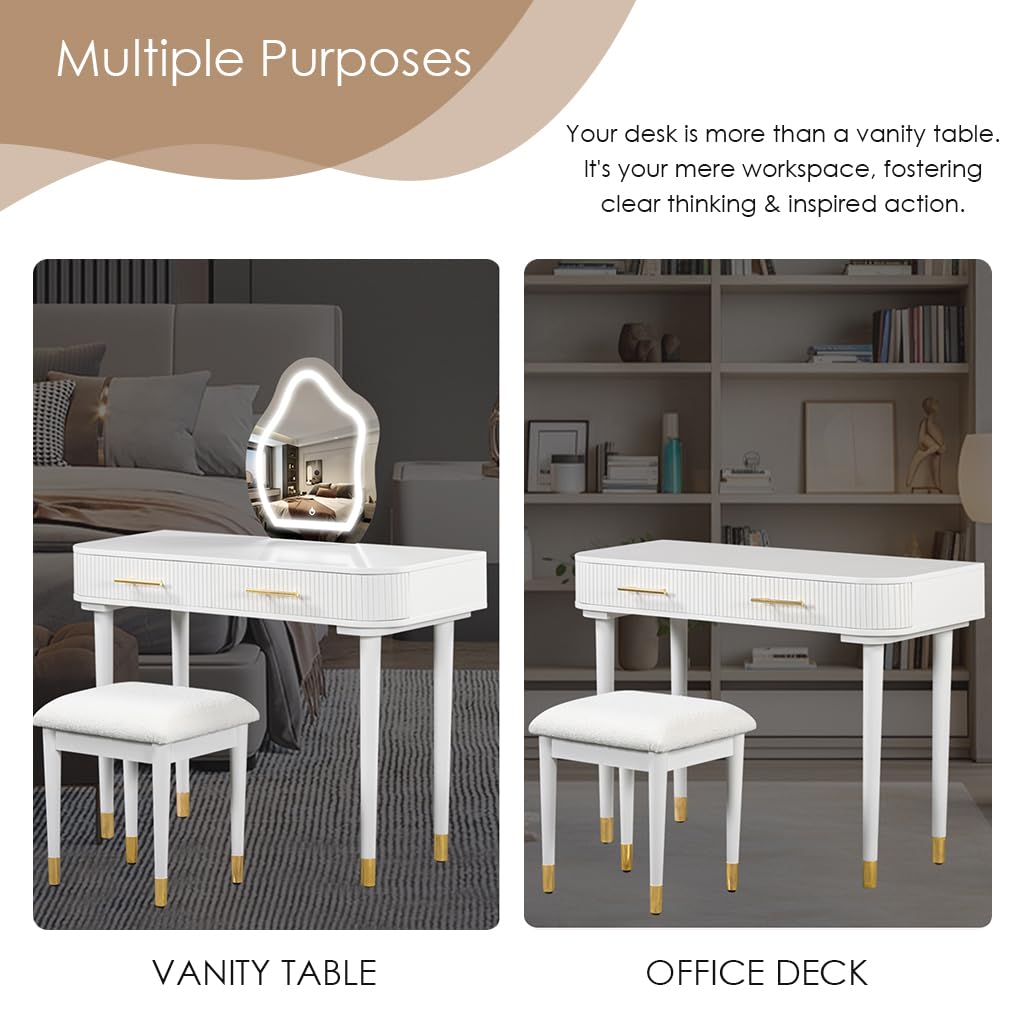 Goldshire 40" Modern Vanity Table Set with Mirror and Lights, Dressing Table and Cushioned Stool Set with 2 Large Drawers, Modern Makeup Table for Bedroom,Makeup Room