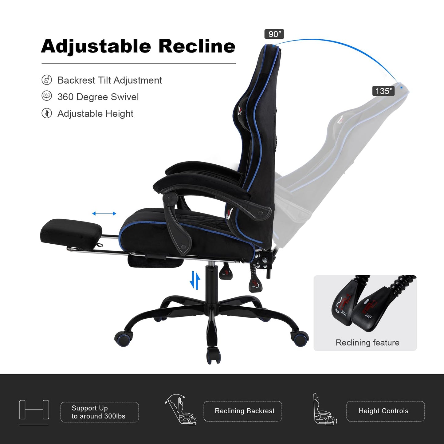Velvet Gaming Chair for Adults with Pocket Spring Cushion Seat,Soft Gaming Chair Fabric with Extendable Footrest, Swivel Recliner with Ergonomic Lumbar Support and Headrest for Home/Office(Blue)