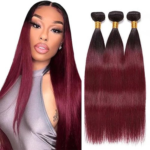 Ombre Burgundy Human Hair Bundles 20 22 24 Inch T1B/99J Straight Burgundy Bundles Human Hair 100% Unprocessed Soft Sew in Bundle with Double Weft for Black Women