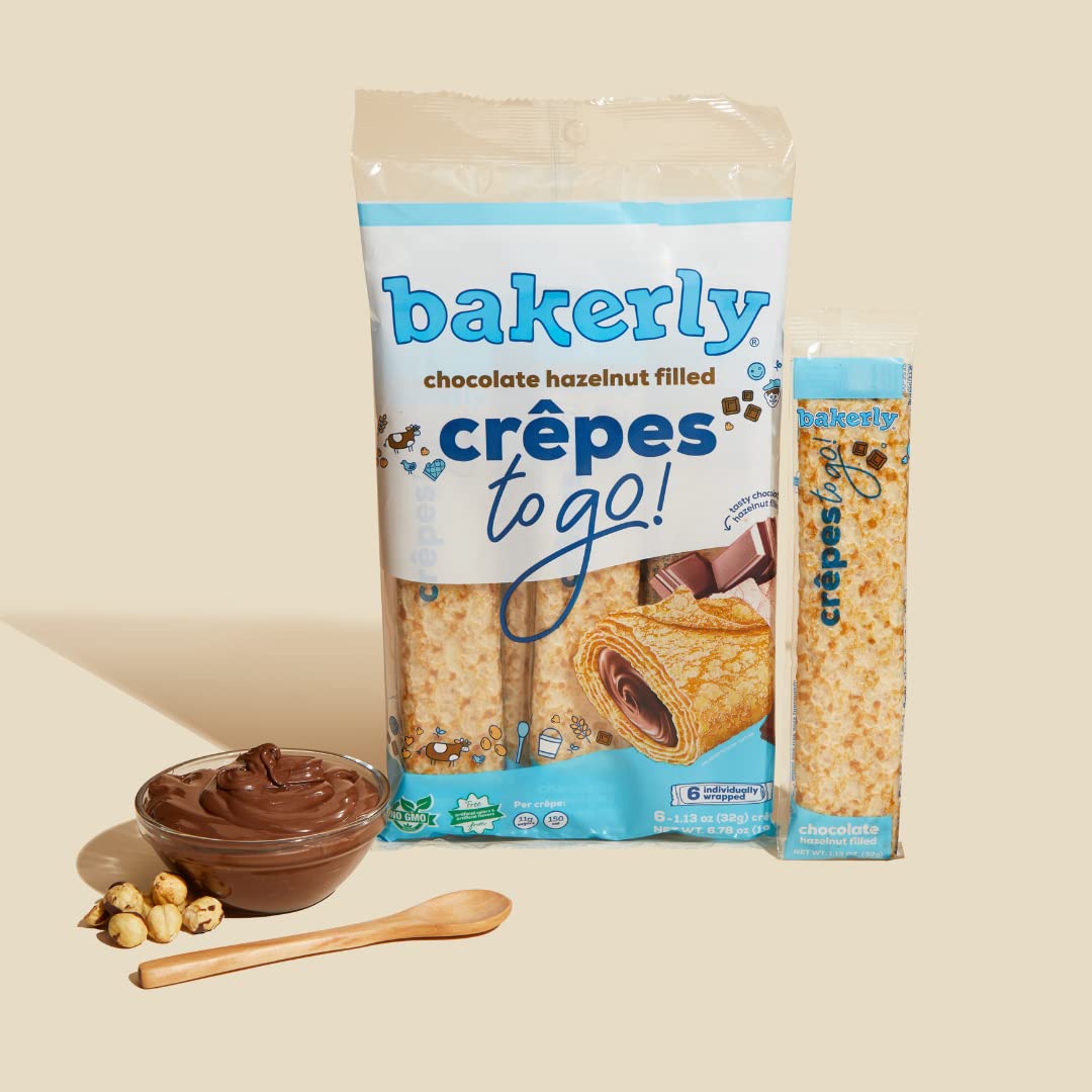 bakerly Chocolate Hazelnut Filled Crepes to go! Non GMO, Free from Artificial Flavors & Colors, Pack of 9, 6-Count (54 Total Crepes)