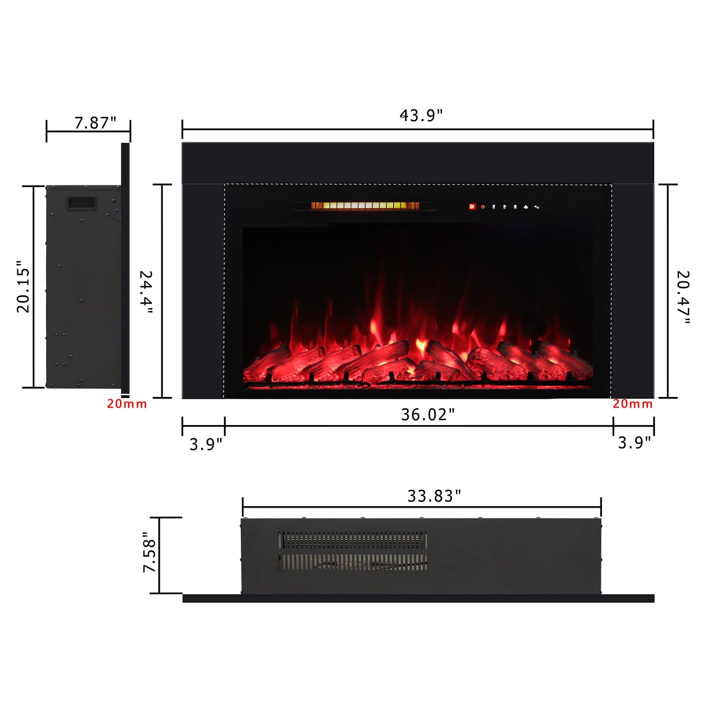 Oxhark Flame 36 Inches Electric Fireplace Insert with Trim Kit, Wall Mounted & Recessed Electric Fireplace Inserts with 8 Flame Colors, Remote Control, 6 Levels Brightness, 9H Timer, Black, 1500W/750W