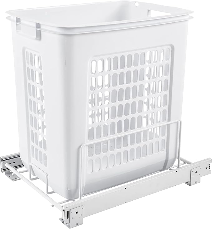 Rev-A-Shelf Pullout 20" Deep Cabinet Floor Steel Mounted Polymer Plastic Clothes Laundry Hamper with Full Extension Slides, White, HPRV-1520 S