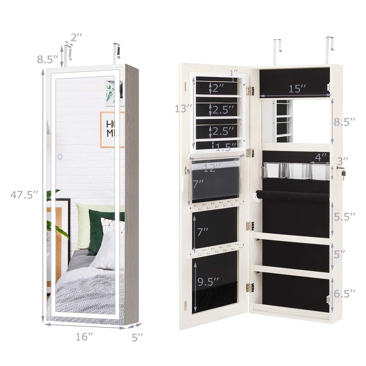OFFICEJOY 47.5’’ Wall/Door Mounted Jewelry Mirror Cabinet with 3 Adjustable Height, Lockable Jewelry Armoire with LED Touch Screen Mirror, Makeup Full Length Mirrored Jewelry Organizer (White)