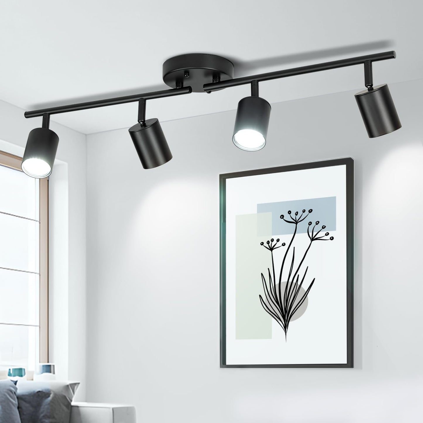 Fondiiz 4 Ways Track Lighting, Rotatable Heads Tracks Light, Track Lightings Fixtures Ceiling with Foldable Arms, Modern Black Tracks Light for Kitchen, Living Room, Hallway(Bulbs Not Included)