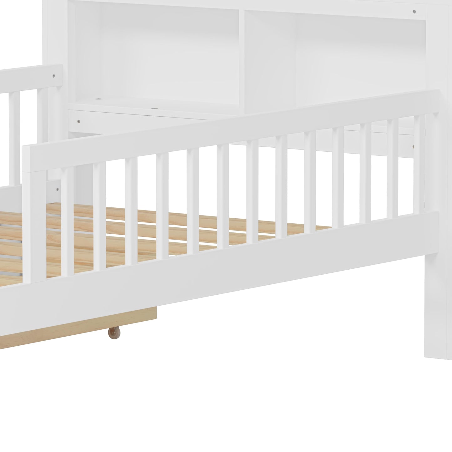 Bellemave Kids Twin Bed Frame with Storage Headboard, Wooden Platform Bed with 3 Side Guardrails and 2 Drawers, Twin Size Bed Frame, No Box Spring Needed, Low Daybed for Kids, White