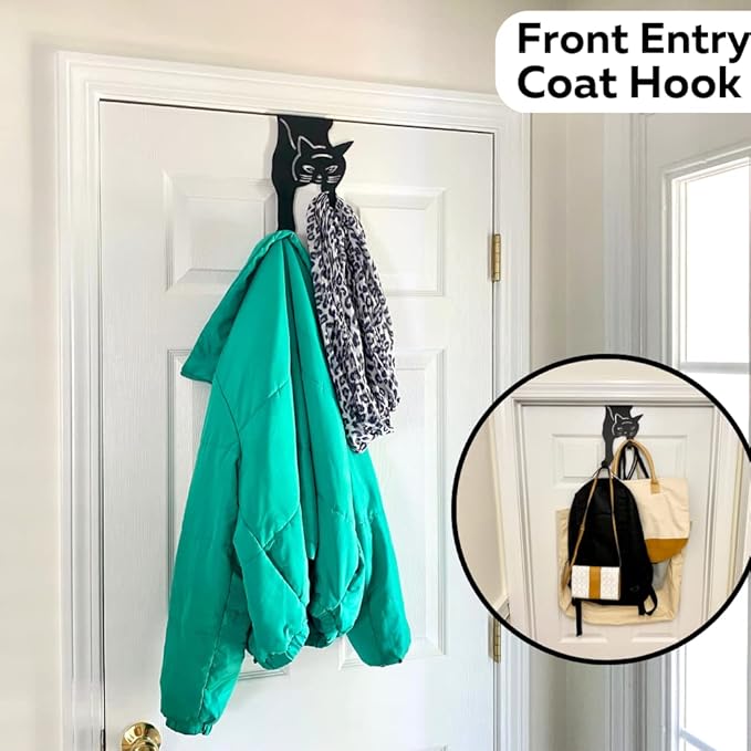Evelots Cat Over The Door Hooks for Hanging - Black - Over The Door Organizer - Strong Metal Hooks