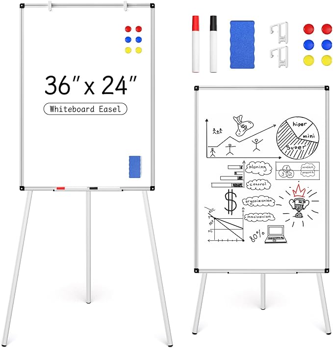 Magnetic Whiteboard Easel Stand, Dry Erase 36 x 24 White Board with Height Adjustable Tripod Stand, 3' x 2' Flipchart Ease...
