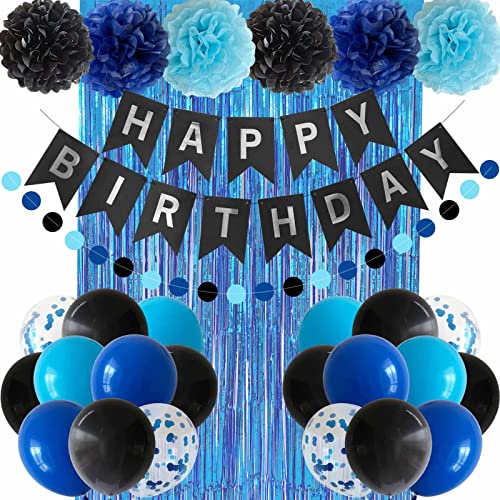 ANSOMO Blue and Black Happy Birthday Party Decorations for Boys Men Banner Balloons Navy Royal Light Blue Pom Poms Foil Cu...