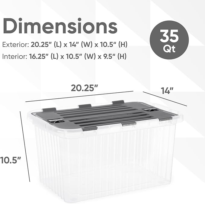 Superio Storage Box with Hinged Lids, Plastic Container Bins for Organizing with Attached Lid, Stackable Crates, BPA Free, Organizers for Home, 35 Quart (Clear with Grey Lids, 20.25"x14"x10.5")