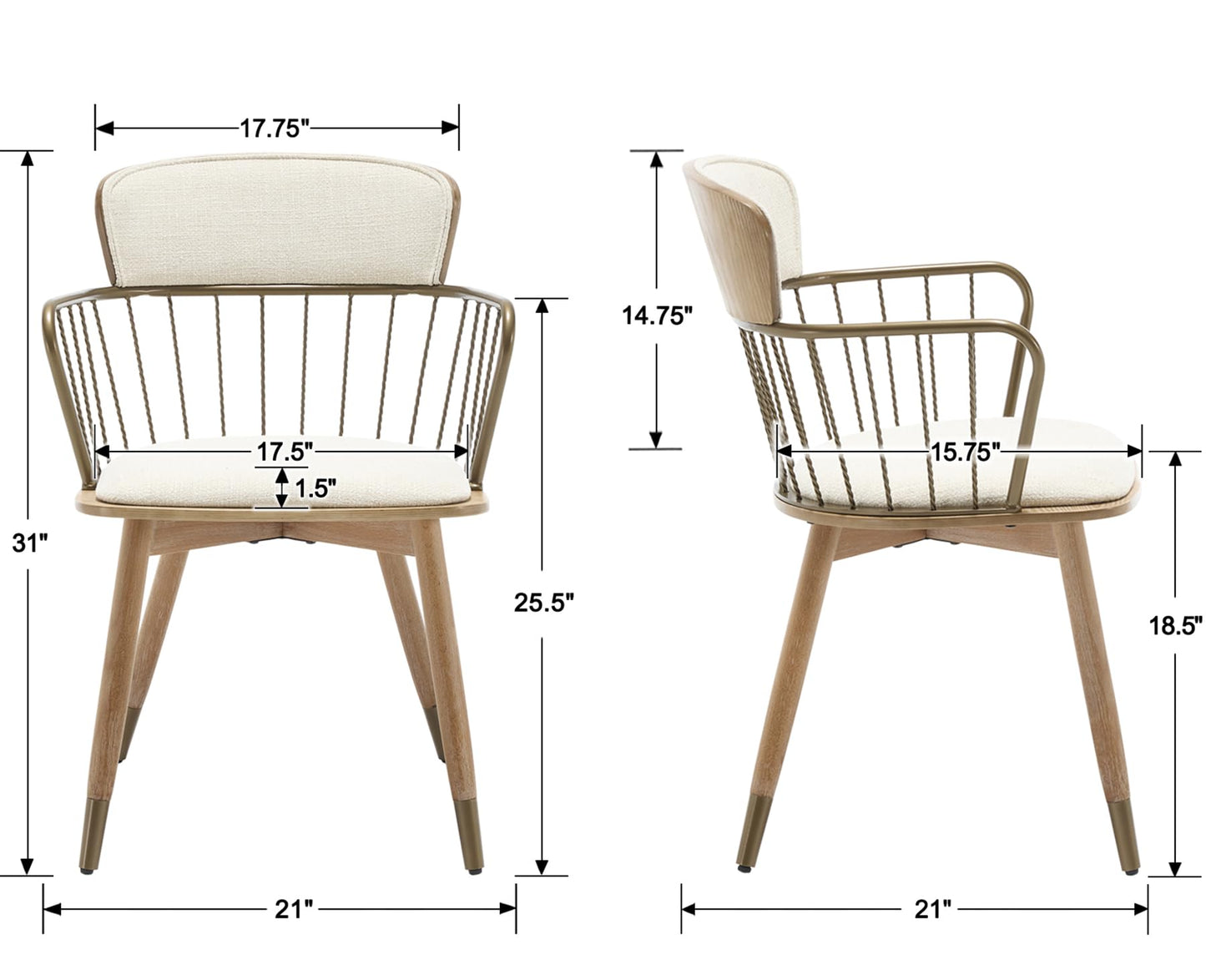 Linen Upholstered Dining Room Chairs Set of 2, Spindle Back Wooden Chairs, Mid Century Modern Dining Chairs with Arms & Metal Legs, Industrial Side Armchairs for Living Room/Restaurant,Beige