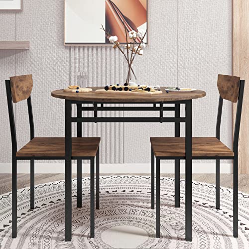 P PURLOVE 3 Piece Drop Leaf Dining Table Set,Solid Wood Kitchen Table and Chair Set of 2,Farmhouse Round Table and 2 Chair...