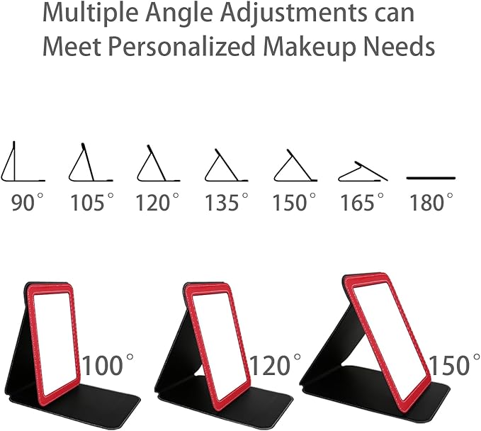Red Foldable Desk Mirror, 5.3×6.9” Adjustable Angle Rounded Rectangle PU Edge Covering Travel Mirror with Stand (MRed)