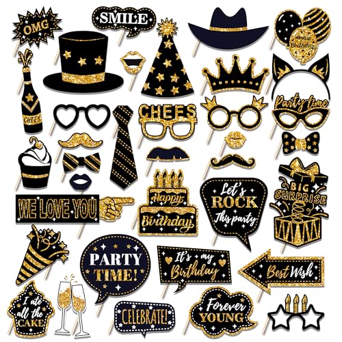 30 Pcs Black & Gold Birthday Photo Booth Props 2025 Party Photo Booth Props Birthday Decorations Backdrop Decorations for ...
