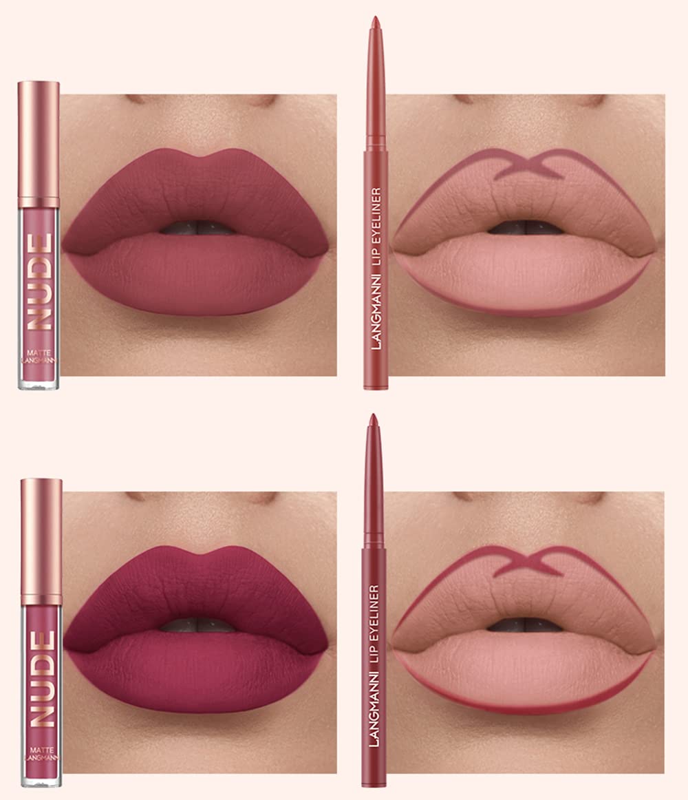URQT 12pcs Lip Liner and Lipstick Set, 6 Velvety Matte Liquid Lipsticks + 6 Matching Smooth Lip Liner One Step Lips Long Lasting