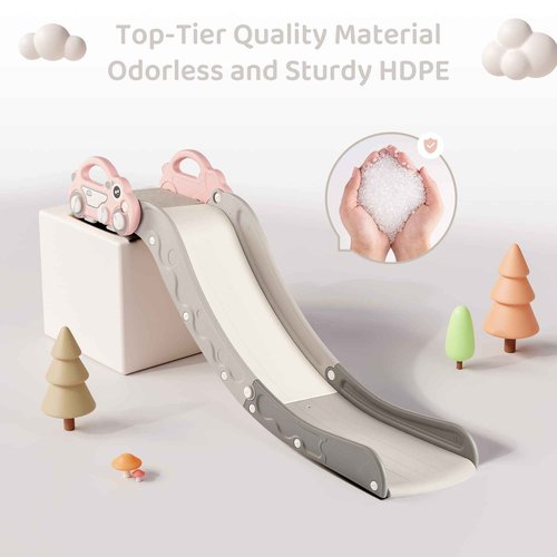 Indoor Kids Baby Couch Slide for Toddler 1-3, Sofa Slide Add-on Attachment for Bed Nugget Playgrounds, with Secure Base Guardrail, Gentle Slope Extended Buffer Zone, Fun Car Design, Pink