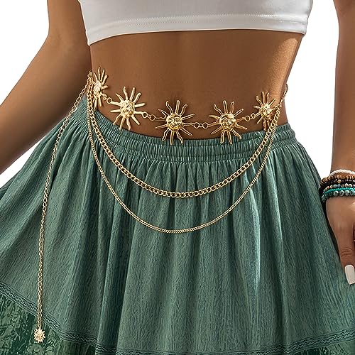 Women Multi-layere Tassel Sun Pendant Waist Belt Bikini Hollow Out Waist Chains Jewelry Metal Long Belly Chain Belt Rave P...