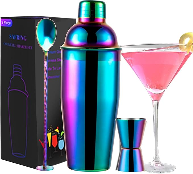 Safring 24oz Cocktail Shaker Bar Set, Martini Shaker with Built-in Strainer, Measuring Jigger, Mixing Spoon, Professional ...