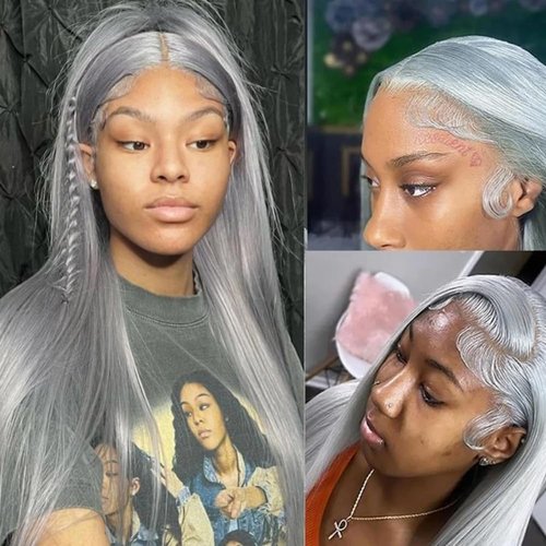 SOSEXY 20 Inch Grey Lace Front Wigs Human Hair Gray Colored Straight 13x4 HD Lace Frontal Wigs Human Hair Pre Plucked with Baby Hair Glueless 180% Density