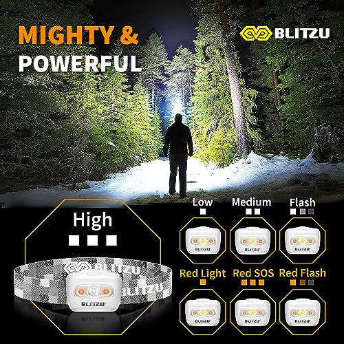 BLITZU LED Headlamp Flashlight for Adults & Kids, Lightweight, Waterproof Head Lamp with White & Red Light, Comfortable He...