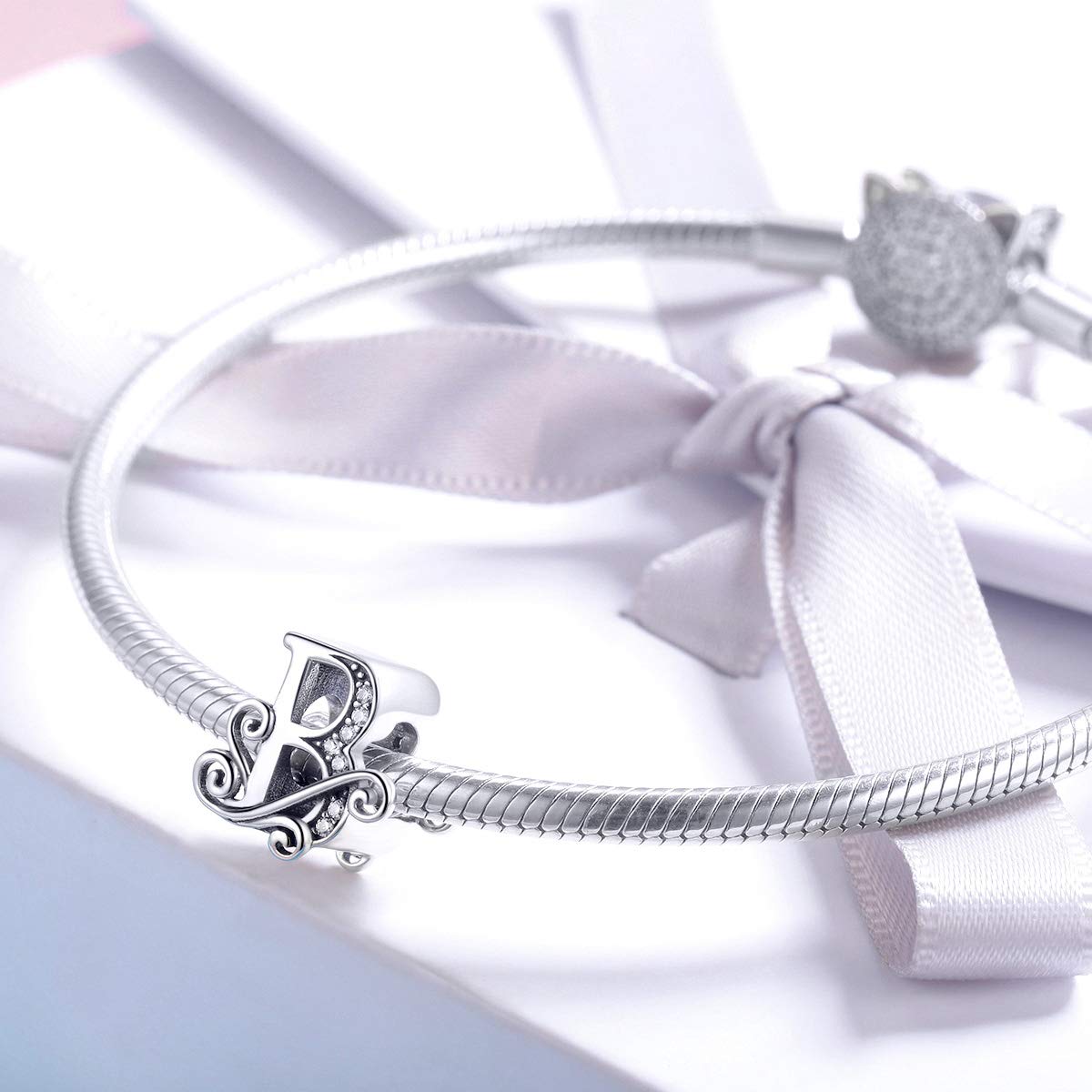 BISAER 925 Sterling Silver Initial Letter B Charms for Bracelets Alphabet Beads Charm Jewelry Gifts