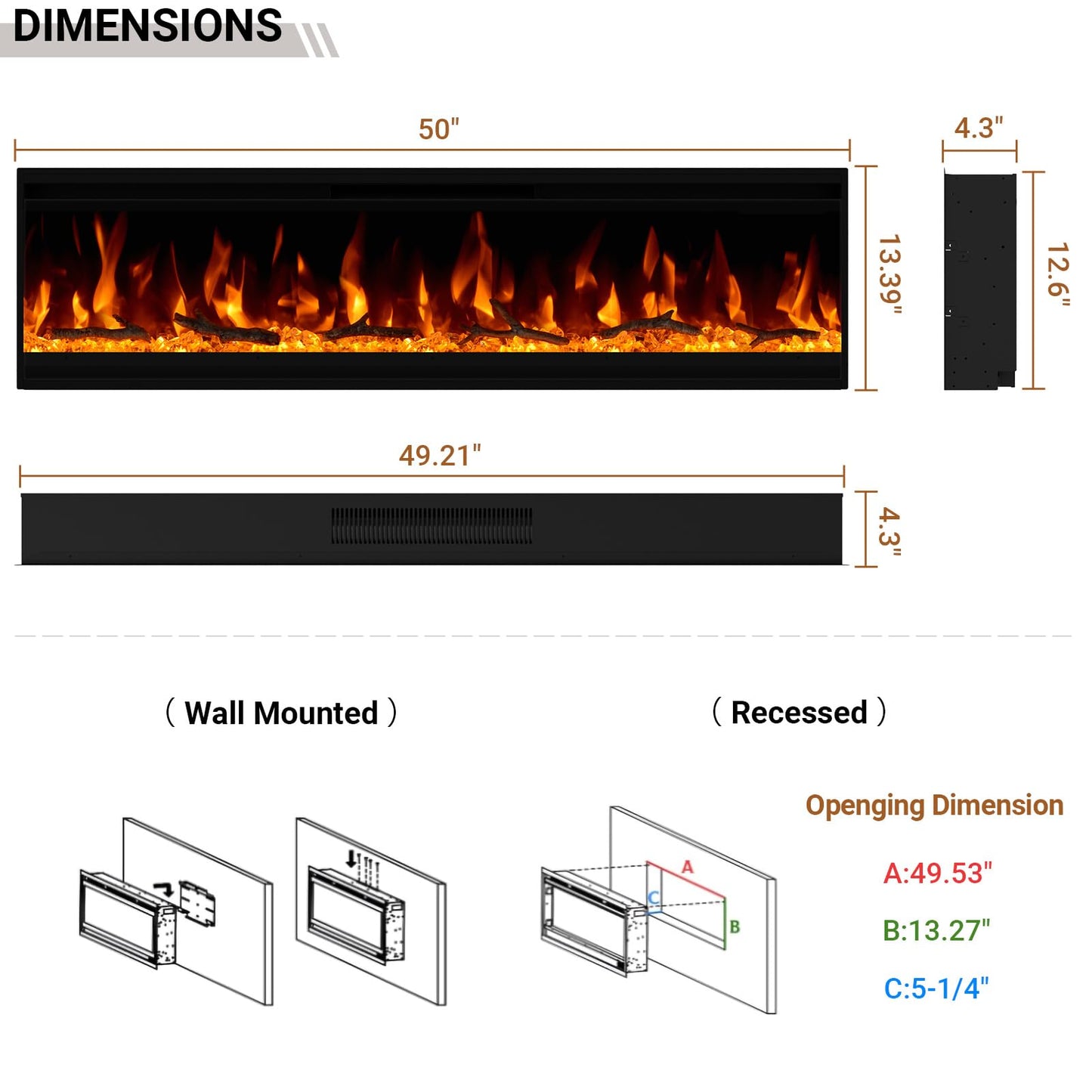 50 inch Electric Fireplace, Ultra-Thin Electric Fireplace Inserts, Ultra-Narrow Frame, Wall Mounted and Recessed Fireplace, Log & Crystal, Touch Screen & Remote Control, 1500W