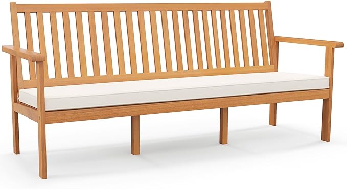 Tangkula Outdoor 3-Seat Acacia Wood Bench, 64 Inches Extra Long Chair with Cushion, Slatted Seat & Backrest, 3-Person Patio Wood Bench for Backyard, Porch, Balcony & Garden