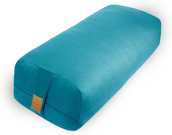 Yoga Bolster Pillow 26x10.5x5.5in Rectangular Meditation Cushion for Yoga Massage and Back Support, Breathable Cotton Fill, Zippered Organic Cotton Cover, Easy-Carry Handle, Machine Washable (Cyan Blue)