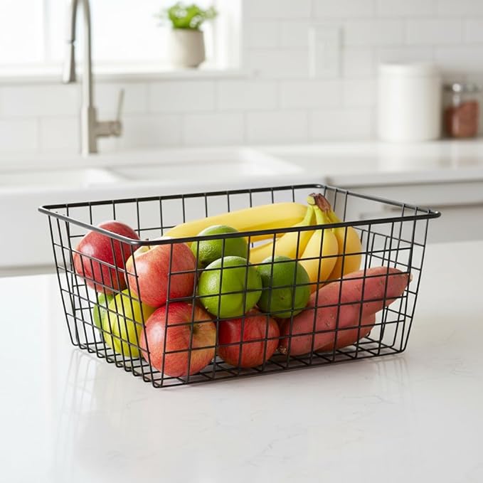 Metal Wire Food Storage Basket Organizer with Wooden Handles for Organizing Kitchen Cabinets, 2 Packs-Black-large
