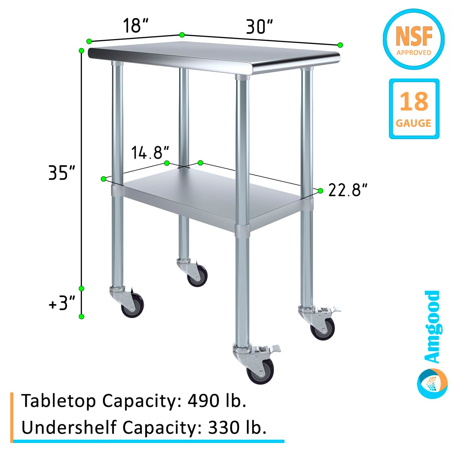AmGood 30 in. x 18 in. Stainless Steel Work Table with Wheels | Metal Kitchen Food Prep Table | NSF