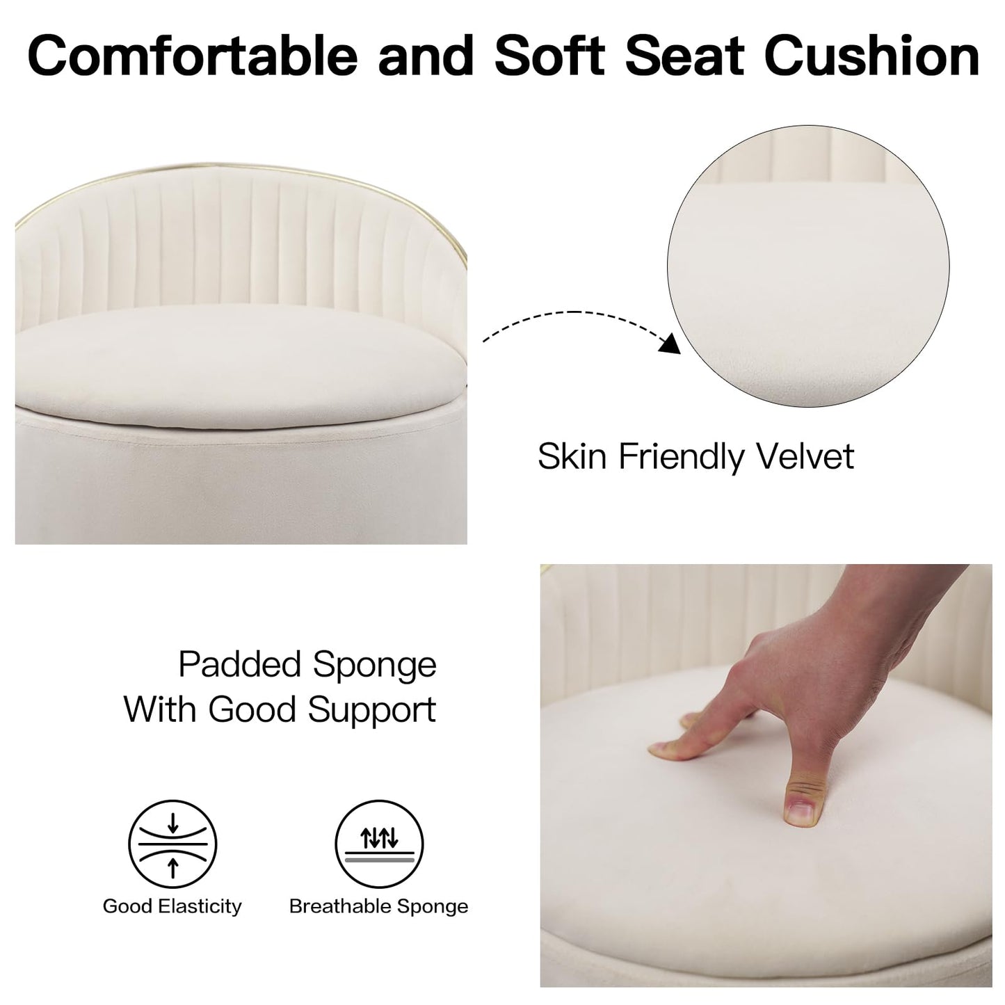 KLASIKA Round Storage Ottoman, Upholstered Velvet Vanity Stool with Lumbar Support, Swivel Rolling Wheels, Small Foot Stools Coffee Table Padded Seat for Makeup Room, Living Room, Bedroom Beige