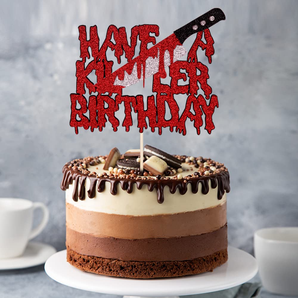 Bekaterea Have A Killer Birthday Cake Topper,Halloween Horror Birthday Cake Decoration,Halloween Bloody Knife and fork Cake Decoration, Zomb Party Supplies