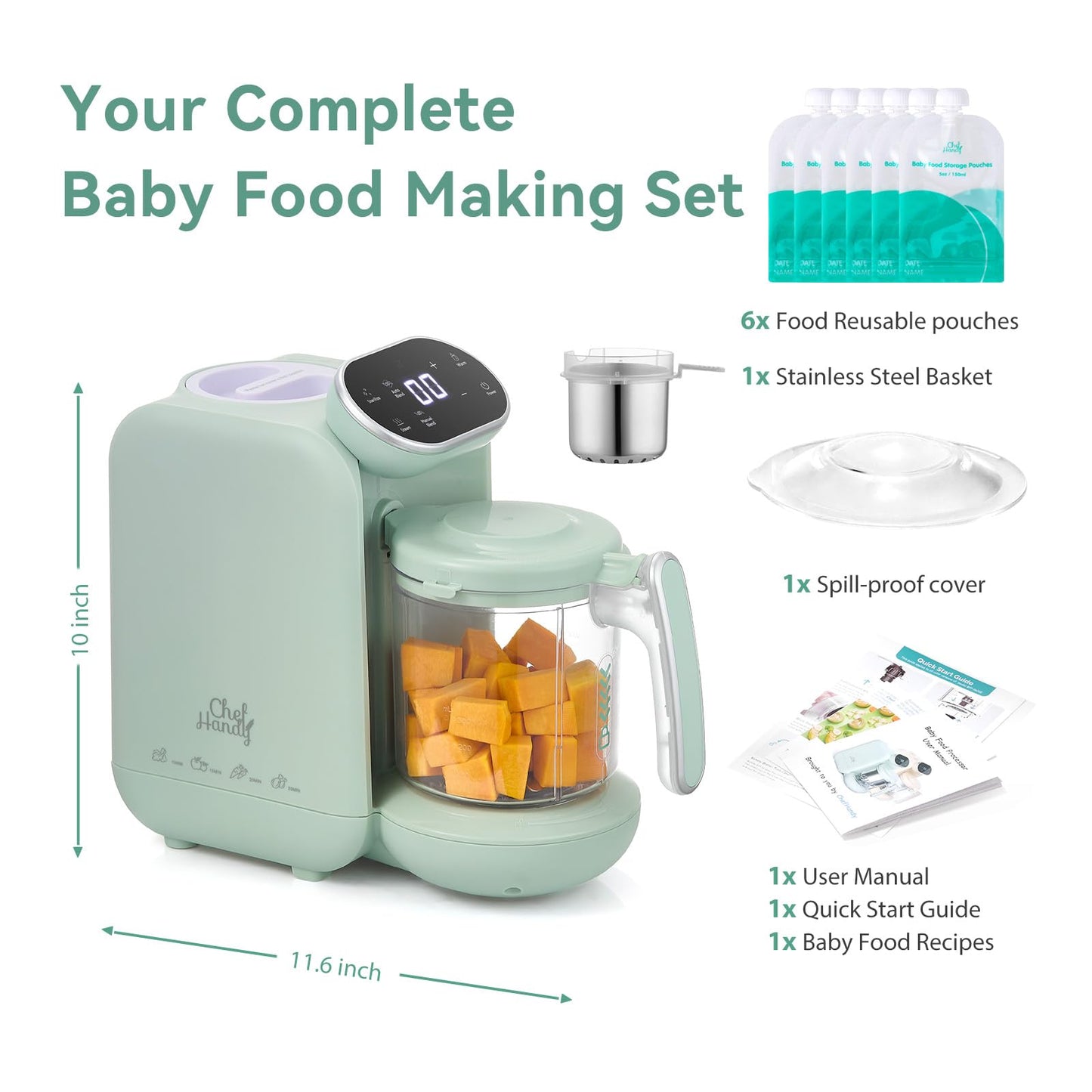 Chefhandy Baby Food Maker with Stainless Steel Steam Basket, One Step 5-in-1 Baby Food Processor Steamer Blender & Steam Cleaning, Auto Cooking, Puree & Baby Warmer with 6 Food Pouches, BPA-Free,Green