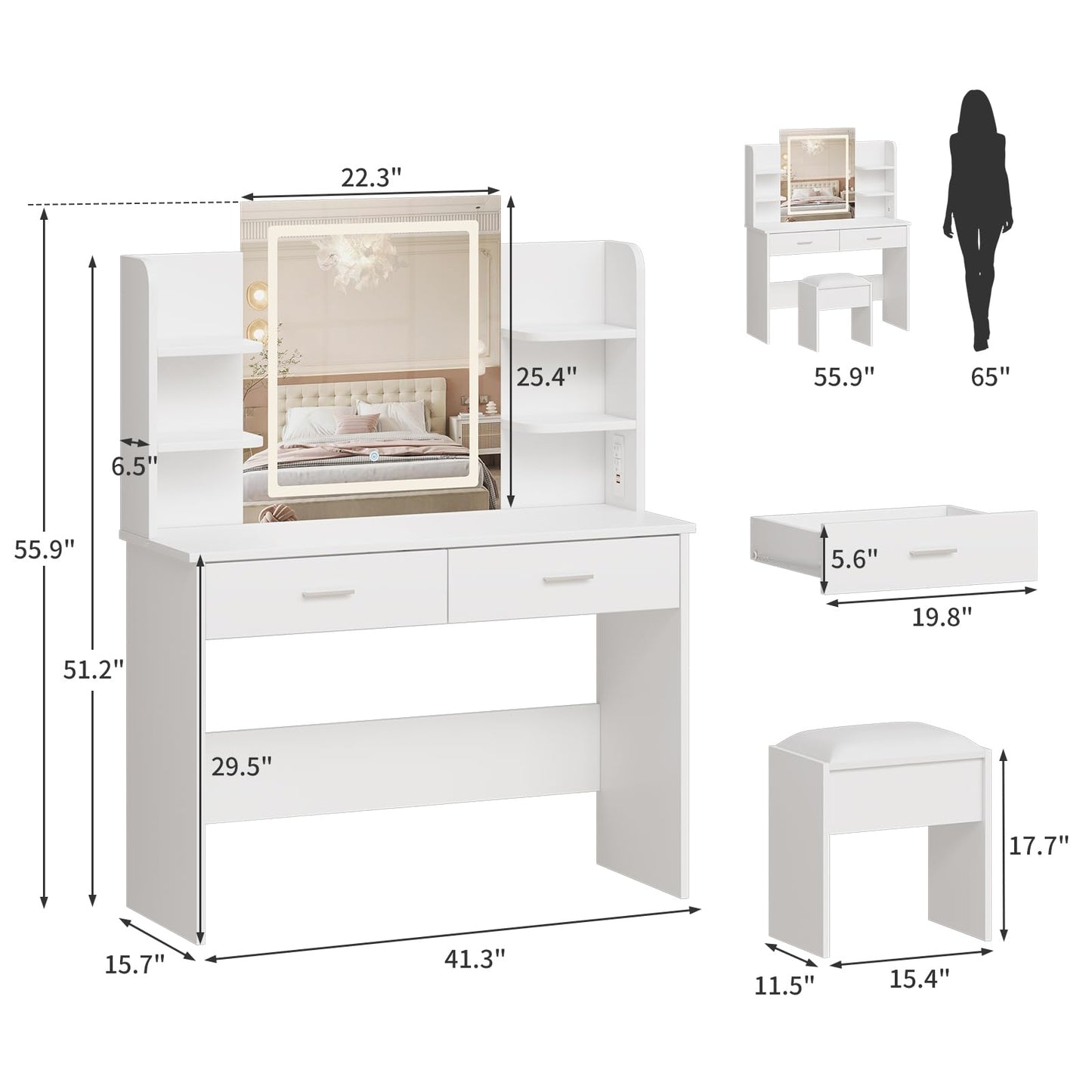 GarveeHome Vanity Desk with Mirror and Lights, Makeup Vanity Set with Cushioned Stool, Power Outlet, Makeup, 6 Storage Shelves, 2 Large Drawers and 3 Color Adjustable Brightness, White