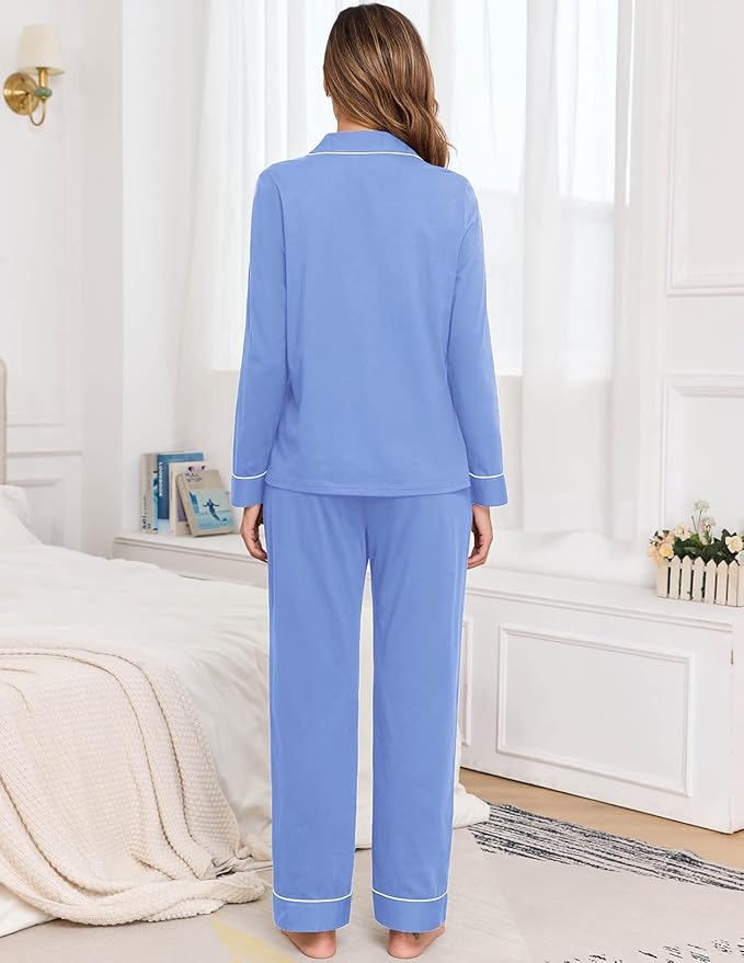 Veseacky 100% Cotton Pajamas for Women Set Long Sleeve Button Down Sleepwear Soft Pjs Lounge Sets with Pockets XS-XXL