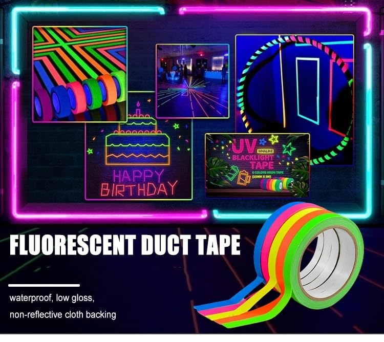 AISEY Neon Gaffer Cloth Tape, Fluorescent Colors Pro Gaff Tape UV Blacklight Tape for UV Party 0.6 inch x 16.5 feet, 5 Pack