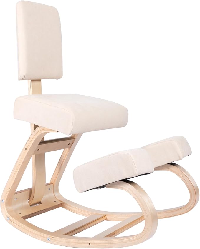Sleekform East Austin Ergonomic Kneeling Chair with Back Support - Winter Linen and Wood Ergo Stool for Desk - Best Ergonomic Kneeling Office Chair for Posture and Leg Circulation