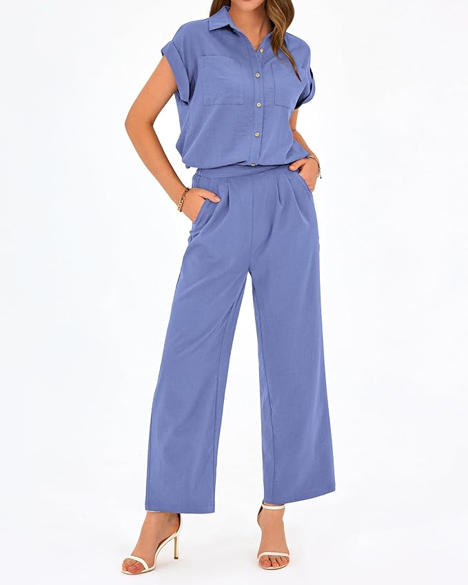 PRETTYGARDEN Womens 2 Piece sets Summer Cap Sleeve Tops Palazzo Pants Dressy Casual Vacation Travel Outfits Tracksuits