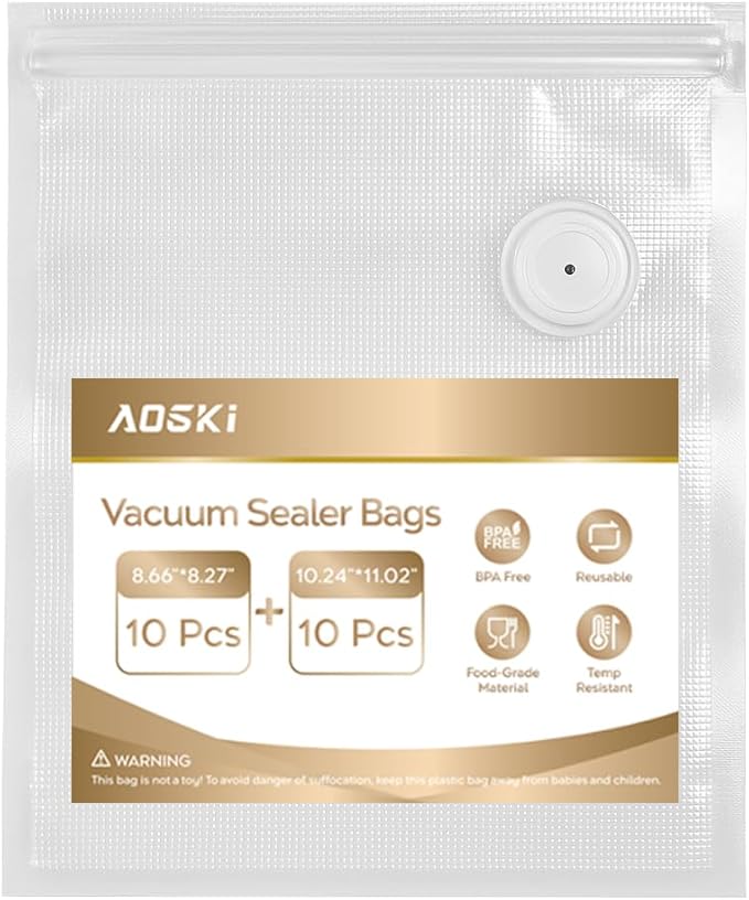 Reusable Vacuum Sealer Bags for Food: 20Pcs BPA-Free Vacuum Seal Bags with Air Valve & 5 Seal Clips, Plastic Clear Sous Vide Cooking Bag, Microwaveable Freezer Safe Vacuum Food Storage for Kitchen