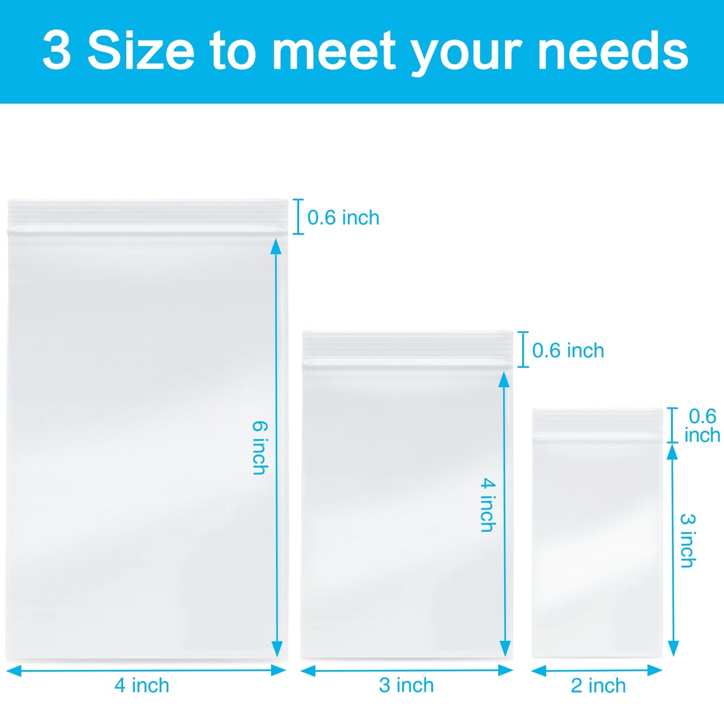 Aubeco 300 Pack Small Clear Plastic Bags, 3 Assorted Sizes, Zip Storage Baggies for Jewelry, Beads, Pills, Crafts, 2 Mil Thick, 2x3 3x4 4x6 Inch