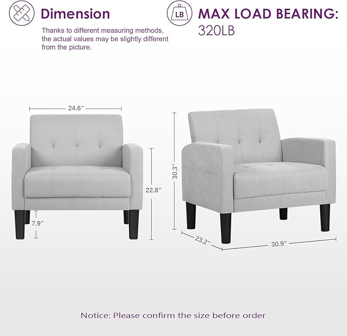 TYBOATLE Accent Chair Living Room Chairs Cozy Tufted Mid Century Modern Accent Chairs with Arms for Bedroom Comfy Reading Arm Chair Small Chairs for Small Spaces Living Room Office (1, Light Grey)