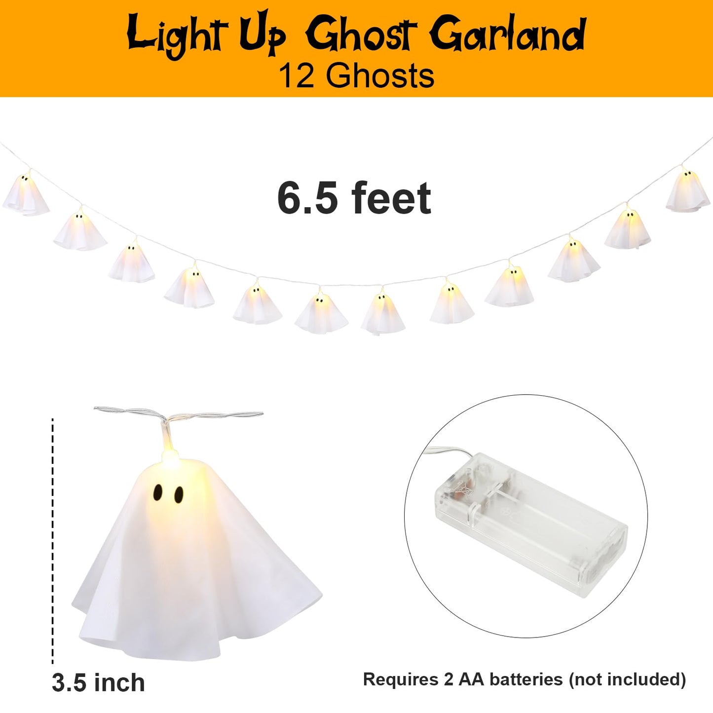 Halloween Decoration-Light Up Ghost Garland-Handmade LED Ghost String Lights Banner for Home Party Fireplace Mantle Windows Decor