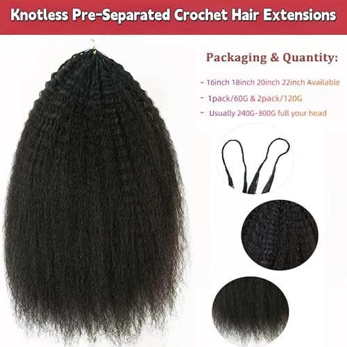 Knotless Pre-Separated Crochet Hair Extensions Kinky Straight 100% Human Hair Feather Crochet Braid Hair Extensions Natural Color 18Inch 60g