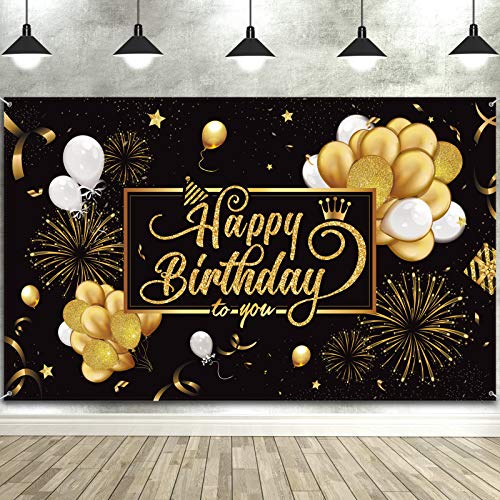 Blulu Happy Birthday Banner Sign Poster Large Fabric Glitter Balloon Fireworks Sign Photo Backdrop Background for Birthday...