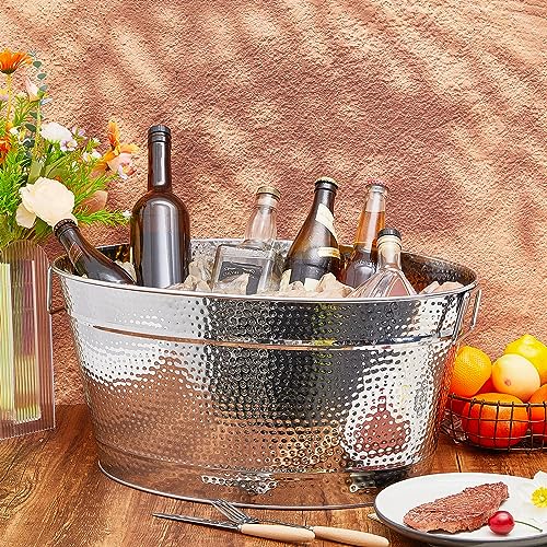 Uiifan 2 Pcs 24 Quart 6 Gallon Hammered Stainless Steel Beverage Tub Heavy Duty Oval Metal Large Ice Bucket for Drinks Buc...